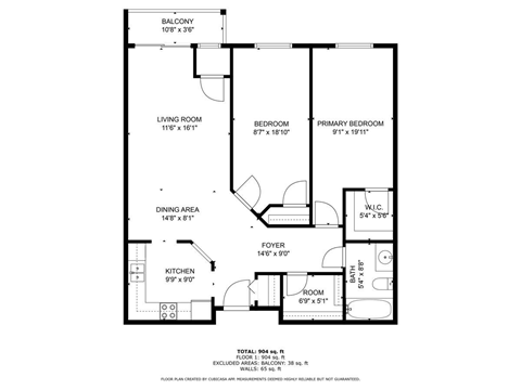 Floor plan for 2 beds, 1 bath, 900 sqft